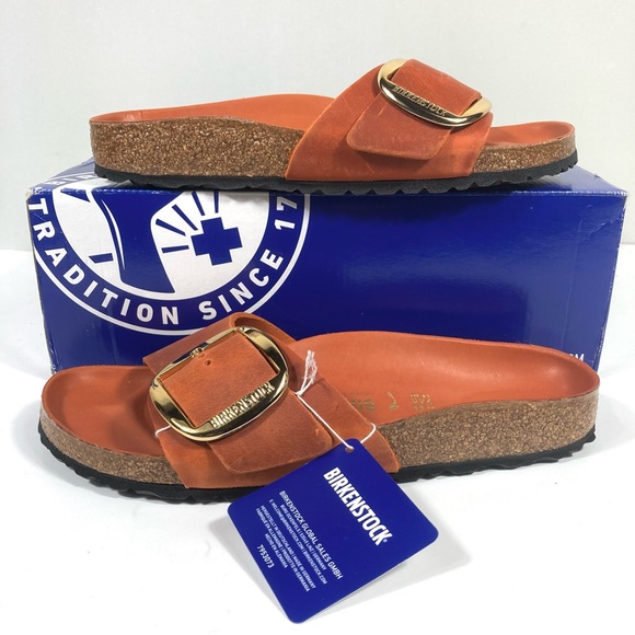 Birkenstock Madrid Big Buckle Slide Sandals Oiled Leather Burnt Orange NEW - Picture 14 of 17